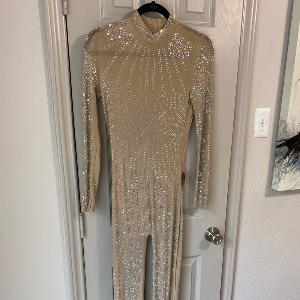 Nude Rhinestone Body Suit Romper